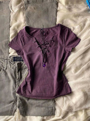 Aiertu - Harajuku Sexy T-Shirts Women Gothic Vintage Y2k Purple V-neck Tops Summer Retro Grunge Slim Up Solid T-Shirt Streetwear Aiertu