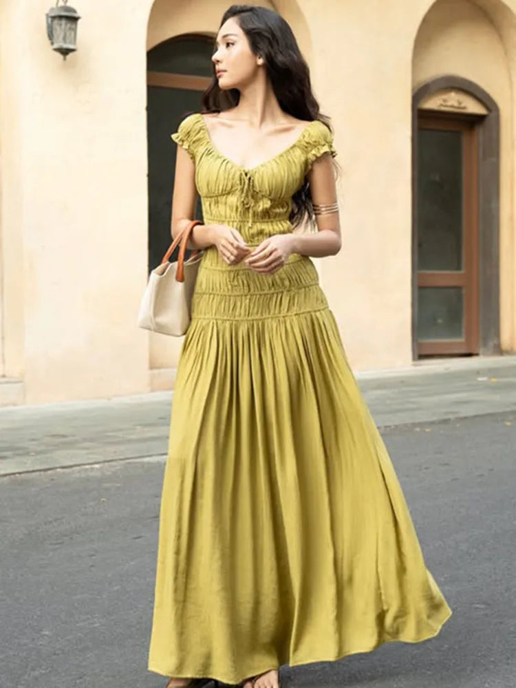 Aiertu - Sexy Deep V-neck Pleated Maxi Dress For Women Elegant Fashion Backless Slim Fit Solid Color Sexy Holiday Birthday Dress Aiertu