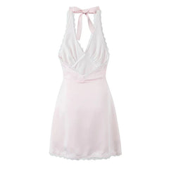 Aiertu - Sexy Backless Lace Patchwork Halter Dress For Women A-line Mini Holiday Summer Dresses French Style Polka Dot Short Robe Aiertu