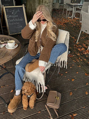 Aiertu - Vintage Cotton Jackets Women Casual Loose V Neck Lace Up Long Sleeves Coats Female 2024 Winter Hollow Out Solid Thick Outwears Aiertu