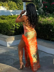 Aiertu - Sexy Print Feather Hem Lace Up Long Sling Dress Elegant Backless Sleeveless Bodycon Dresses 2025 New Lady Beach Party Prom Robes Aiertu