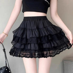 Aiertu Elastic Gothic Lace Tutu Skirt Women Black Mesh Detail Petticoat Sexy Mini Tulle Skirts Party Club Wear Dancer Aiertu