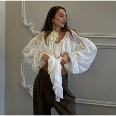 Aiertu - Fashion Women's Ruffle Shirts Loose V-neck Long Lantern Sleeve Female Blouses 2025 Spring Summer Lady Sexy See Through Shirt New Aiertu