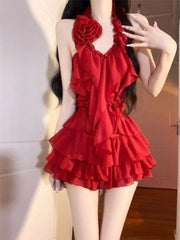 Aiertu - Y2k Aesthetic 2 Piece Sets Womens Outfit Halter 3D Flower Sexy Ruffled Tank Top + Grunge Ruffled Mini Skirts Summer Vintage Suit Aiertu