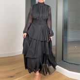 Aiertu 2025 New French Hepburn Wind Solid Color High Collar Waist Cake Dress Woman-Outfit Ideas Aiertu