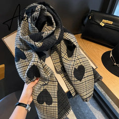 Double Side Cashmere Scarf Autumn Winter Women's Love Heart Plaid Fashion Ladies Long Thickened Warm Knitted Scarf Hijab Stole Aiertu