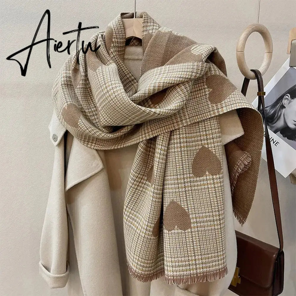 Double Side Cashmere Scarf Autumn Winter Women's Love Heart Plaid Fashion Ladies Long Thickened Warm Knitted Scarf Hijab Stole Aiertu