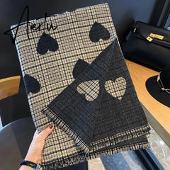 Double Side Cashmere Scarf Autumn Winter Women's Love Heart Plaid Fashion Ladies Long Thickened Warm Knitted Scarf Hijab Stole Aiertu
