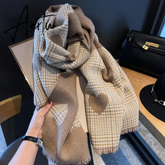 Double Side Cashmere Scarf Autumn Winter Women's Love Heart Plaid Fashion Ladies Long Thickened Warm Knitted Scarf Hijab Stole Aiertu