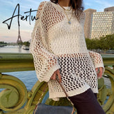 Dourbesty Women Hollow Out Crochet Sweater Vintage Fairycore Grunge Smock Knit Pullovers Fishnet Bathing Suit Cover Ups Swimwear Aiertu