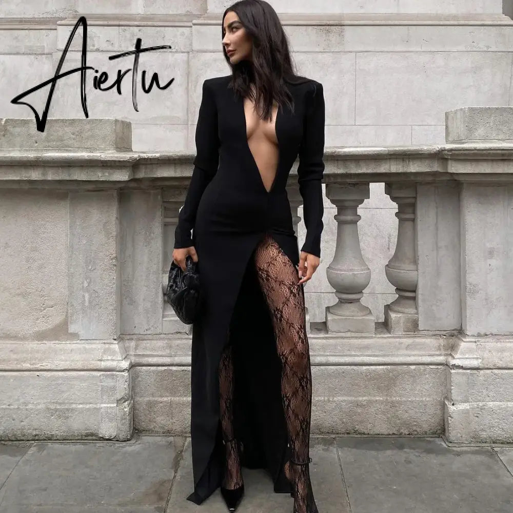 Draped Deep V Neck High Rise Split Maxi Dress Club Elegant Fashion Long Sleeve Sexy Dresses Gown Outfits for Women Aiertu