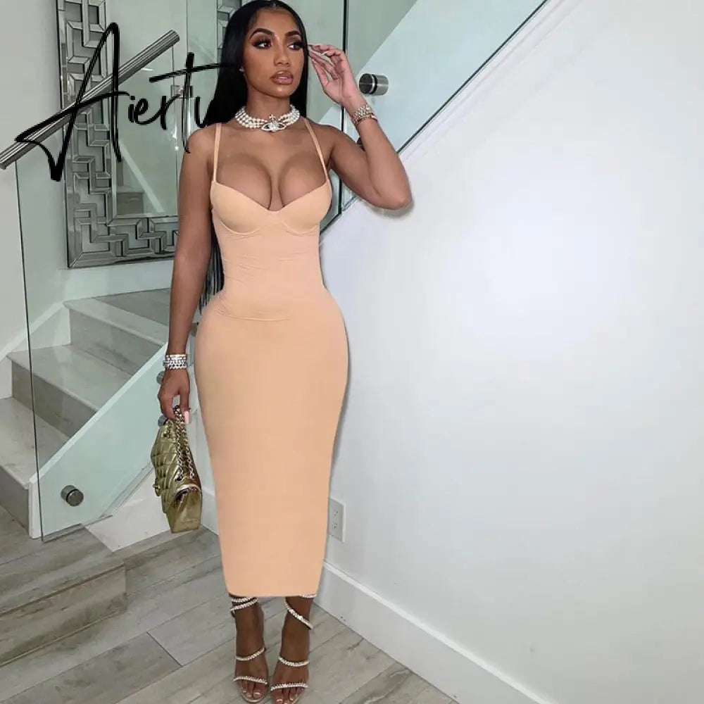 Dress Women Sexy Spahgetti Strap Solid Elegant Maxi Low Neck Body-Shaping Cleavage Skirt Party Clubwear Female Vestidos Aiertu