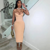Dress Women Sexy Spahgetti Strap Solid Elegant Maxi Low Neck Body-Shaping Cleavage Skirt Party Clubwear Female Vestidos Aiertu