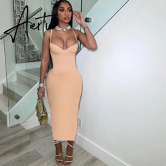 Dress Women Sexy Spahgetti Strap Solid Elegant Maxi Low Neck Body-Shaping Cleavage Skirt Party Clubwear Female Vestidos Aiertu
