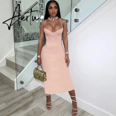Dress Women Sexy Spahgetti Strap Solid Elegant Maxi Low Neck Body-Shaping Cleavage Skirt Party Clubwear Female Vestidos Aiertu