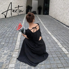 Dress Womens Chic Vintage Black High Waist Square Collar Puff Sleeve Bow A-line Classy Retro Elegant French Female Clothing New Aiertu