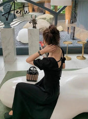 Dress Womens Chic Vintage Black High Waist Square Collar Puff Sleeve Bow A-line Classy Retro Elegant French Female Clothing New Aiertu