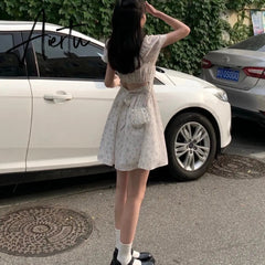 Dresses Women Puff Sleeve Holiday Sundress Hollow Out Floral Design Korean Style College Lovely Simple Trendy Summer Aiertu