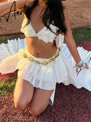 E-Girl 90s Aesthetic White Asymmetrical Skirts Women Low Waist Layere Ruffle Hem Mini Skirts Grunge Streetwear Bottoms Aiertu