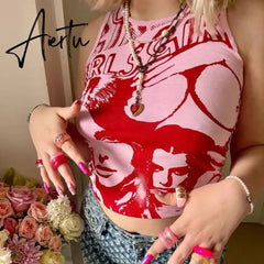 E-girl Harajuku Graphic Print T-shirt 90s Women Vintage Crop Top Y2K Aesthetic Summer Slim Fit Tees Tops Streetwear Gothic Punk Aiertu