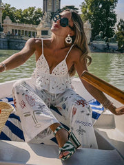 Aiertu - Autumn Embroidery Women Cotton Long Pants Drawstring Casual Wide Leg White Trousers 2026 Boho Marine Organism Pants Aiertu