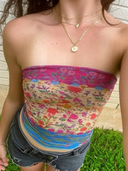 Aiertu - y2k Aesthetic Tube Top Summer Holiday Cute Floral Print Skinny Strapless Cropped Tops Women Casual Basic Tee Vintage 90s Aiertu