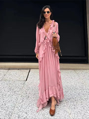 Aiertu - Ruffle Lace Deep V-neck Big Swing Long Dress Women Elegant Drawstring High Waist Long Flare Sleeve Holiday Pleated Lady Dresses Aiertu
