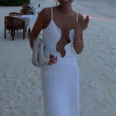 Aiertu - Elegant Solid Color Irregular V Neck Maxi Dress Sexy Sleeveless Backless Pleated Hem Resort Sling Dress 2025 Women Evening Dress Aiertu