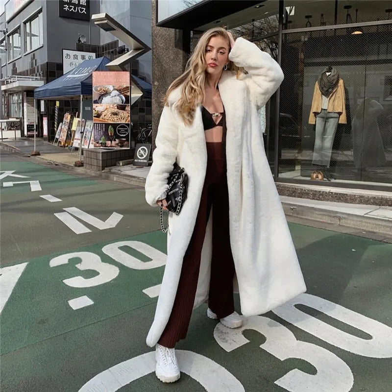 Aiertu - casual winter outfits Winter Long White Fluffy Warm Oversized Faux Fur Coat Women with Hood Lapel Sashes Loose Korean Fashion Outerwear Aiertu
