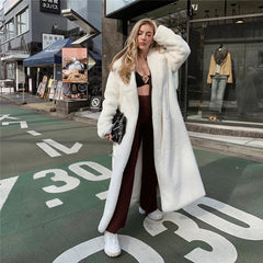 Aiertu - casual winter outfits Winter Long White Fluffy Warm Oversized Faux Fur Coat Women with Hood Lapel Sashes Loose Korean Fashion Outerwear Aiertu