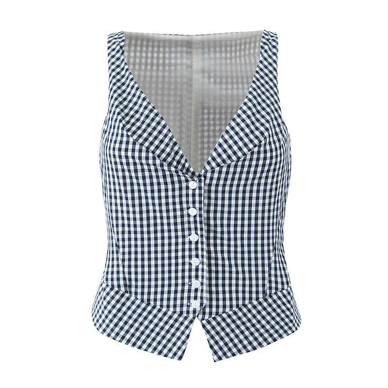 Aiertu - 2025 Women Front Button V Neck Plaid Tank Top Cotton Holiday Summer Crop Top Sleeveless Tees Aiertu