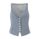 Aiertu - 2025 Women Front Button V Neck Plaid Tank Top Cotton Holiday Summer Crop Top Sleeveless Tees Aiertu