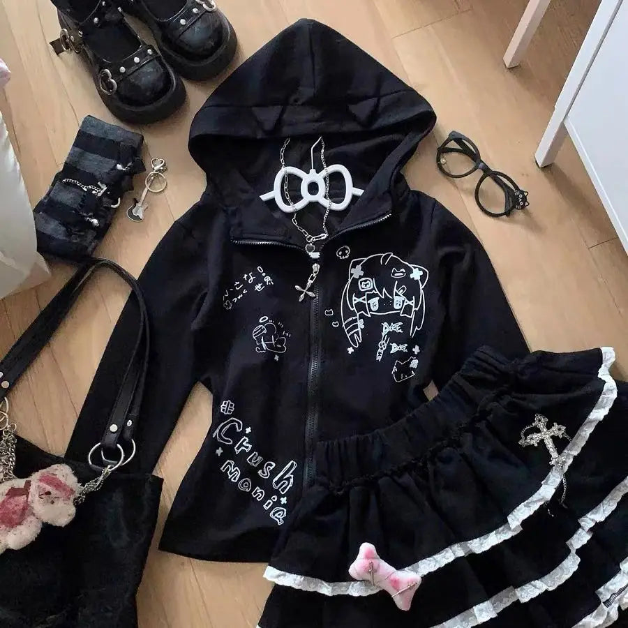 Aiertu - Japanese Print Pattern Cute Slim Fit Zip Up Hoodies Versatile Retro Y2K Fashion Long-sleeved Tops Jacket Harajuku Sweatshirt Aiertu