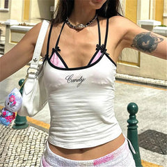 Aiertu - Fairy Girlcore Fake Two Piece Camisoles Sweet E-girl Letter Embroidery Shoulder Straps Tank Top Chic Y2K Slim Crop Vest Aiertu