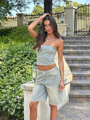 Aiertu - Women Plain Wide Leg Jeans Jorts Vintage Wash Straight High Waist Distressed Denim Bermuda Pants Y2k Summer Clothes Aiertu