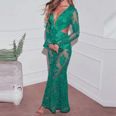 Aiertu - Elegant See-through Embroidery Party Dress Sexy V-neck Hollow Out Waist Slim Long Dress 2025 Fashion Hight Waist Evening Dress Aiertu