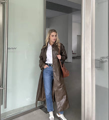 Aiertu - 2026 Autumn New design Runway Designer Leather Maxi Long Trench Coat With Belt Chic Female PU Windbreaker Classic Aiertu