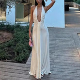 Aiertu - party look snspos White Deep V Halter Neck Long Dress Women's Sexy Bandage Patchwork Sleeveless Party Dress Slim Hollow Backless Dress Aiertu