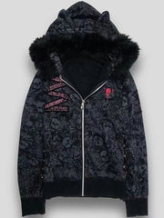 Aiertu - Goth Skull Print Y2k Hoodies Jackets Women Vintage Harajuku Coat Aesthetic Grunge Fur Patchwork Hooded Jacket Fairy Zipper Coat Aiertu