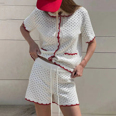 Aiertu - Knitted Shorts Set Fashion Casual Clashing Cardigan Top Lace Up Shorts Set Women Vacation Sports Knitted Shorts Set Aiertu