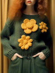 Aiertu - casual winter outfits Fashion Women Sweet Spice Chic Little Top Green Large Flower Round Neck Long Sleeve Knitted Sweater Loose Style Aiertu
