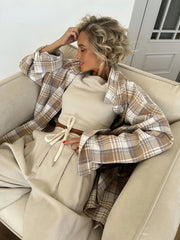 Aiertu - Women Vintage Long Sleeve Check Shirts Female Spring Fashion Casual Turn Down Collar Office Single Breasted Blouse Aiertu