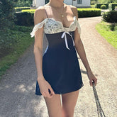 Aiertu - Lace Patchwork Tie Up Mini Dress Aiertu