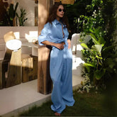 Aiertu - 6-Colours 2pcs Casual Suit Women Clothing Loose Chic Polo Neck Long Sleeve Shirt Pants Suit Ladies Festival Outfit Aiertu