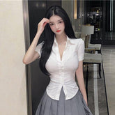 Aiertu Short Sleeve Shirt Women Sexy Slim White Button Blouse Office Lady Korea Fashion Summer Chic Turn Down Collar Shirts Top Aiertu