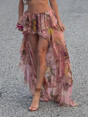 Aiertu - summer inspo Hot Beach Boho Floral Print Chiffon Ruffled Skirt Women Asymmetrical Dipped Hem Pink Romantic Elegant Sexy Vacation Skirts Aiertu