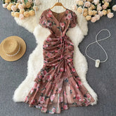 Aiertu - Casual Summer V Neck Butterfly Sleeve Print Robe Slim French Style Vintage Bodycon Mujer Mermaid Drawstring Lace Up Dress Aiertu