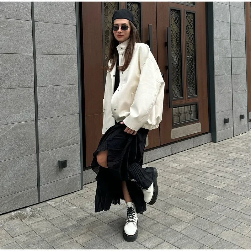 Aiertu - Street Women's White Leather Jacket Casual Stand Collar Single Breasted Long Sleeve Female Coat Autumn Lady Elegant Outwear Aiertu