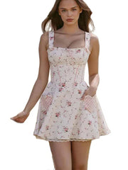 Aiertu - Floral Lace Halter Women Dress Checkered Patchwork Bow Print Suspender Slimming Off Shoulder Camisole Short Dresses Summer New Aiertu