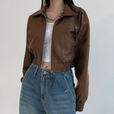 Aiertu - Korean Fashion Brown PU Jacket Y2K Vintage Autumn Casual Faux Leather Zipper Coat Harajuku Streetwear Outwear Lady Aiertu